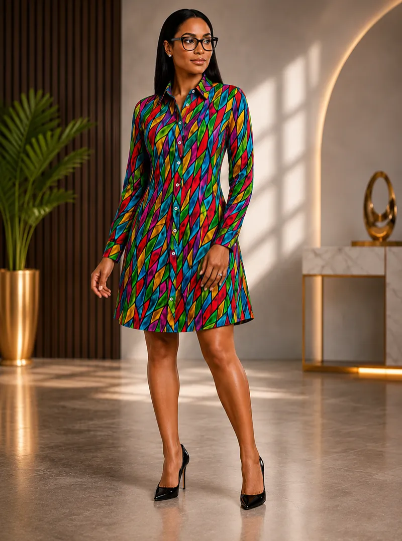Multicolour Leaf Print Button-Down Shirt Dress