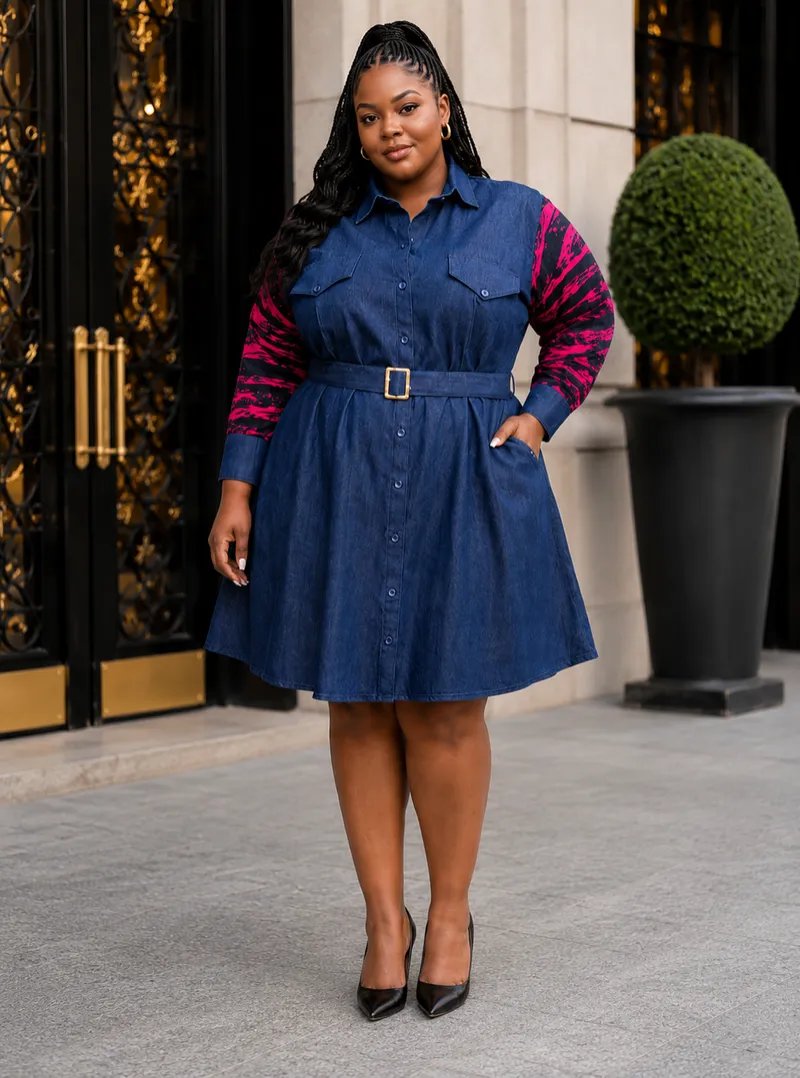 Plus Size Denim Shirt Dress with Ankara Print Sleeves