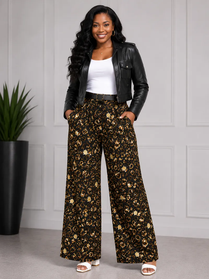 Black & Yellow Floral Print Adult Cargo Trousers