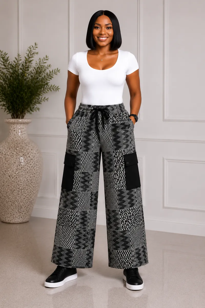 Black & Grey Patch Print Adult Cargo Trousers
