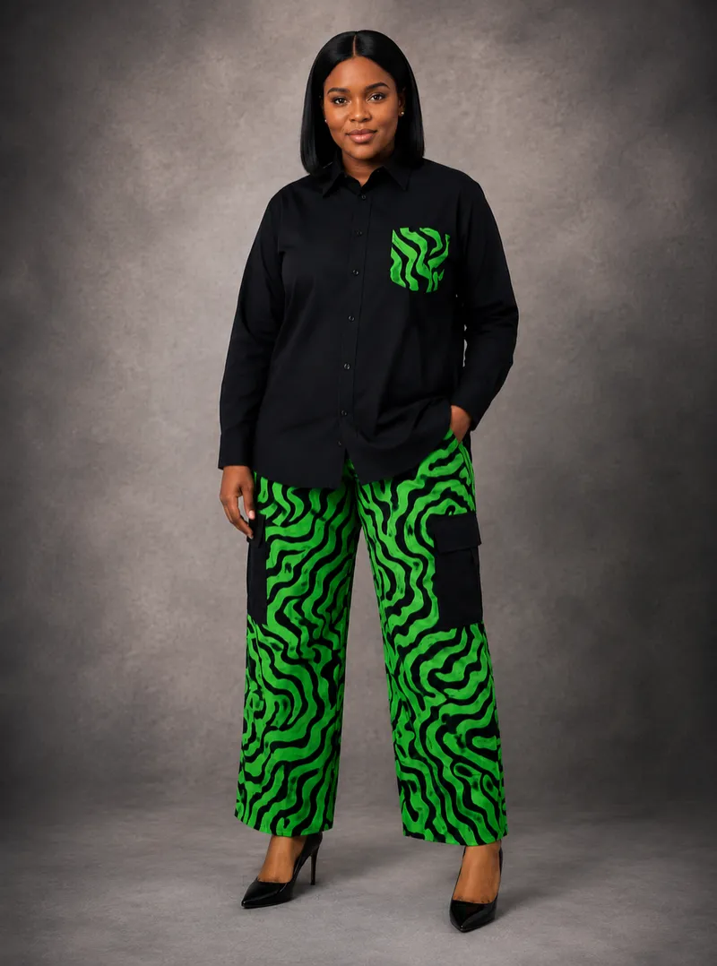 Black & Green Wave Print Two-Piece Set