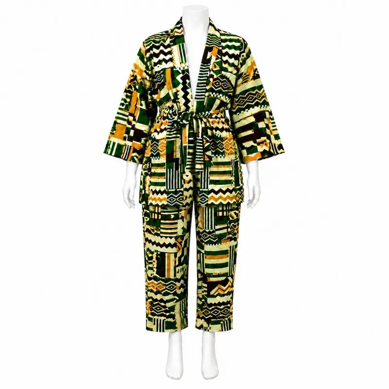 Geometric Green and Gold Kimono Set