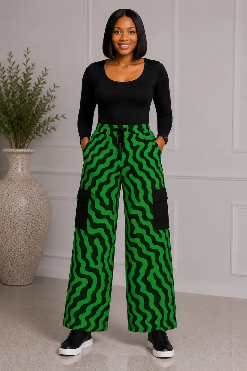 Green & Black Wave Print Adult Cargo Trousers