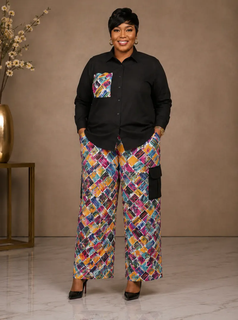 Black Multicolor Patch Print Two-Piece Set
