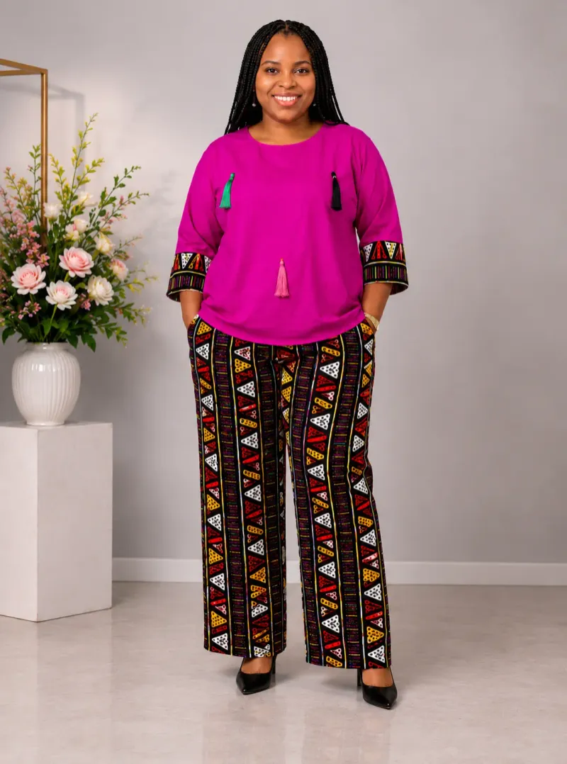 Printed Pant with Pink Top Two Piece Set