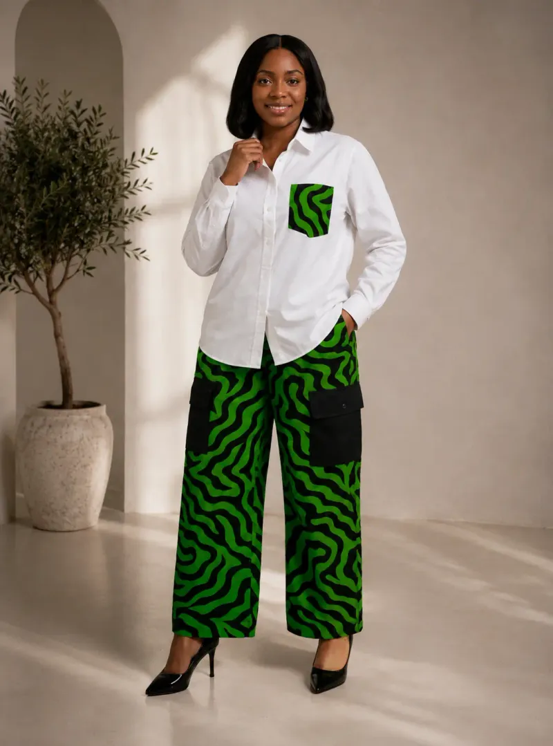 White & Green Wave Print Two-Piece Set