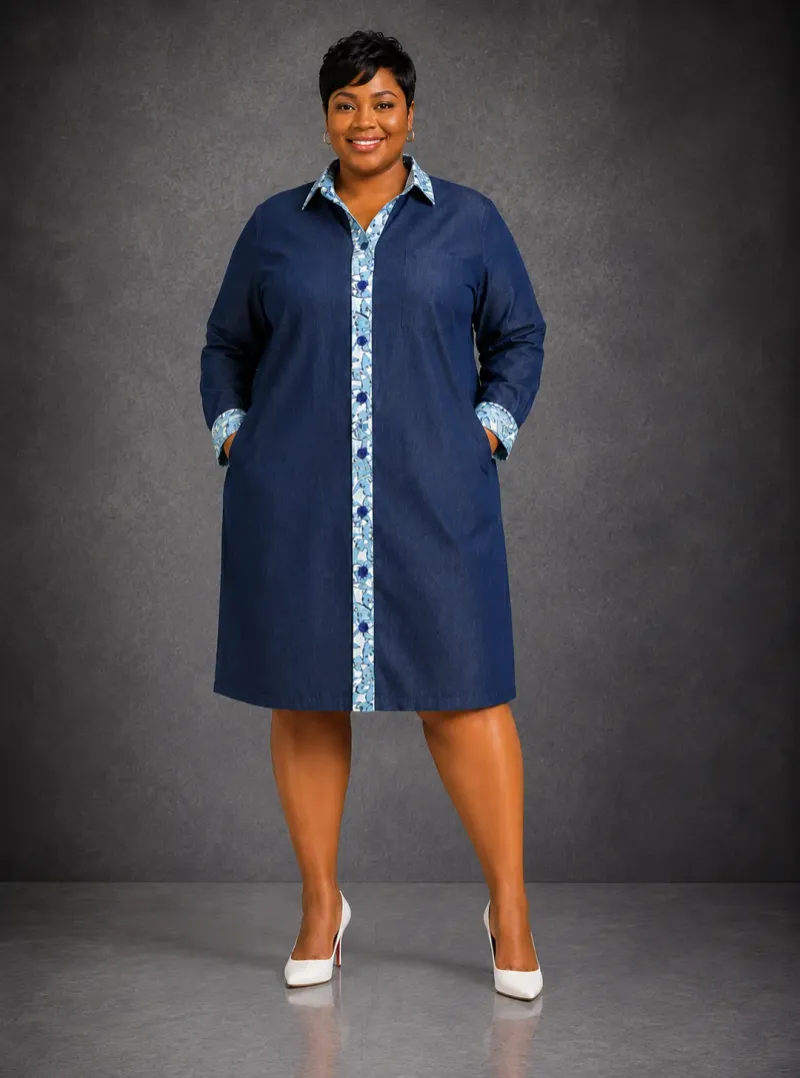 Denim Shirt dress with sky blue contrast