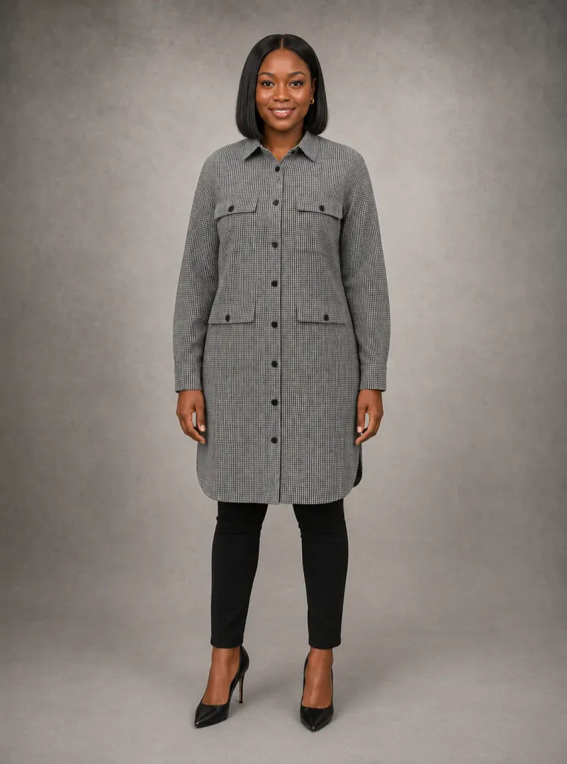 White and black checkers button down shirt dress