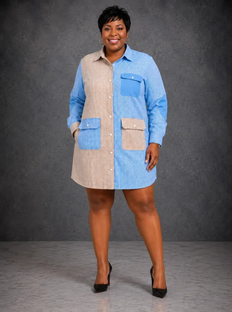 Plus Size Two-Tone Gingham Shirt Dress with Utility Pockets