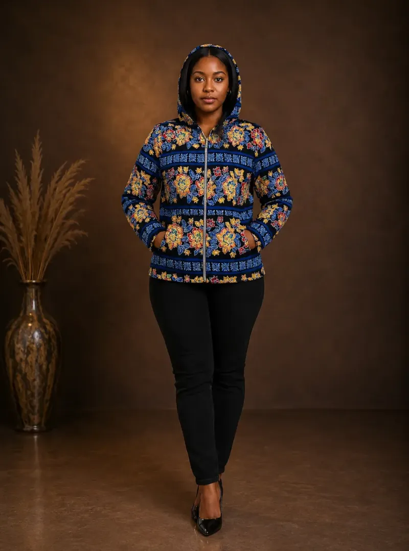 Blue & Yellow Floral Print African Hoodie