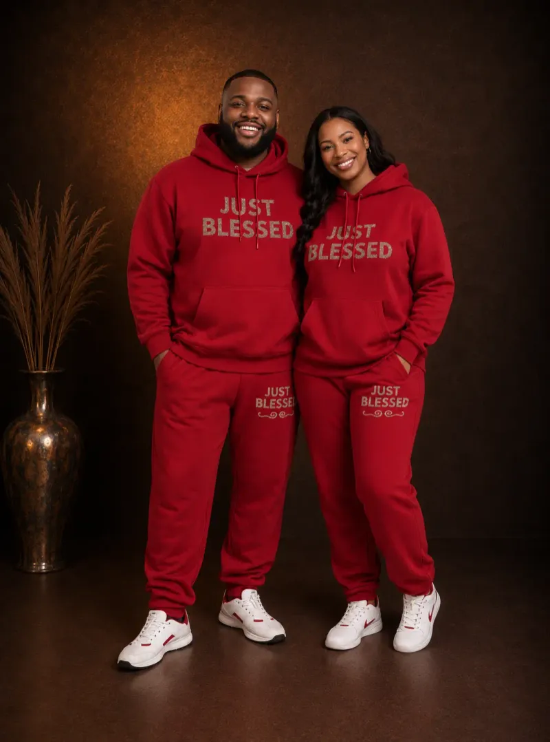 Red Just Blessed hoodie and jogger set