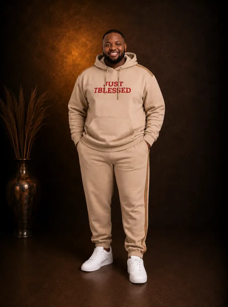 Beige Just Blessed Hoodie & Jogger Set Plus Size Male