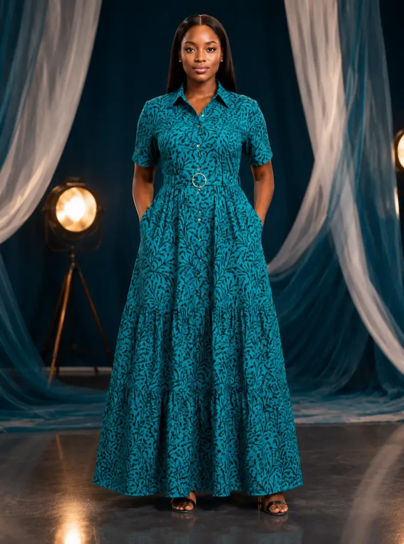 Teal All-Over Leaf Print Long Dress