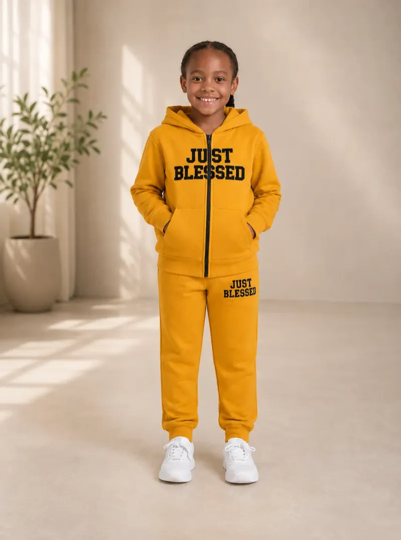 Kids mustard yellow "Just Blessed" hoodie and jogger set
