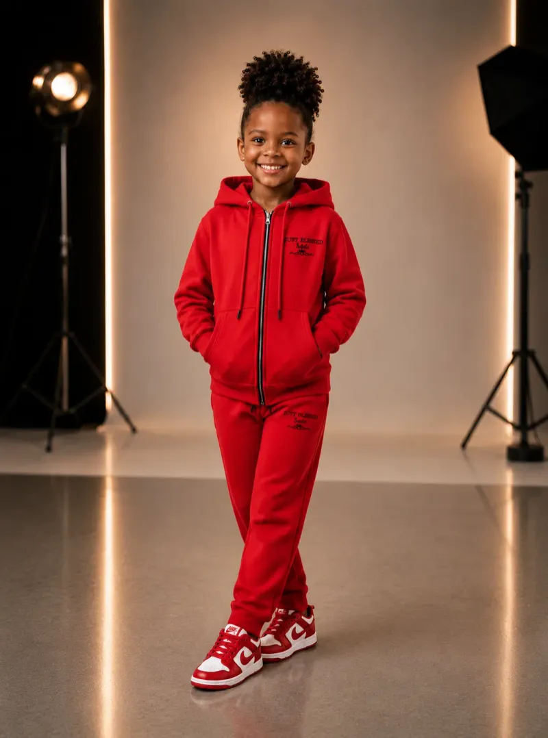 Kids Streetwear Set Red Zip Hoodie + Straight-Leg Joggers