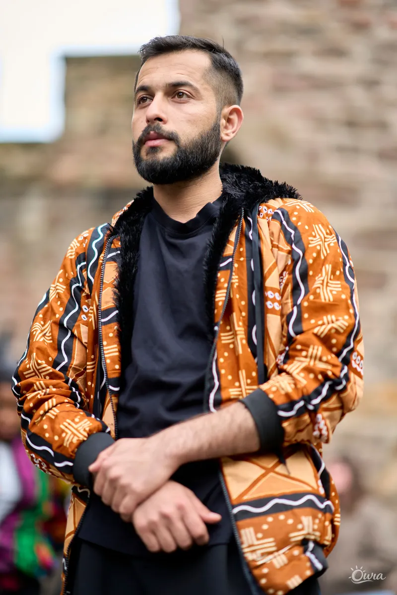 Geometric Print Bomber Jacket (Teal & Rust)