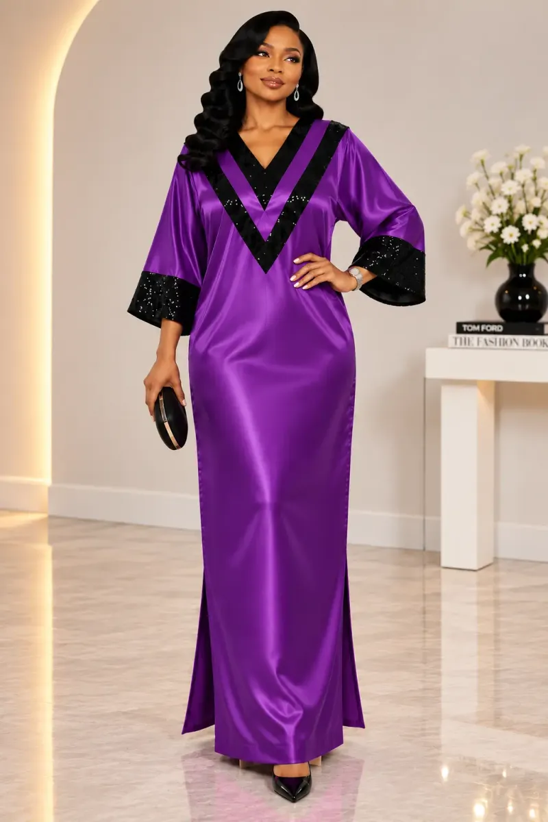 Elara Sequin Trim Satin Kaftan Maxi Dress