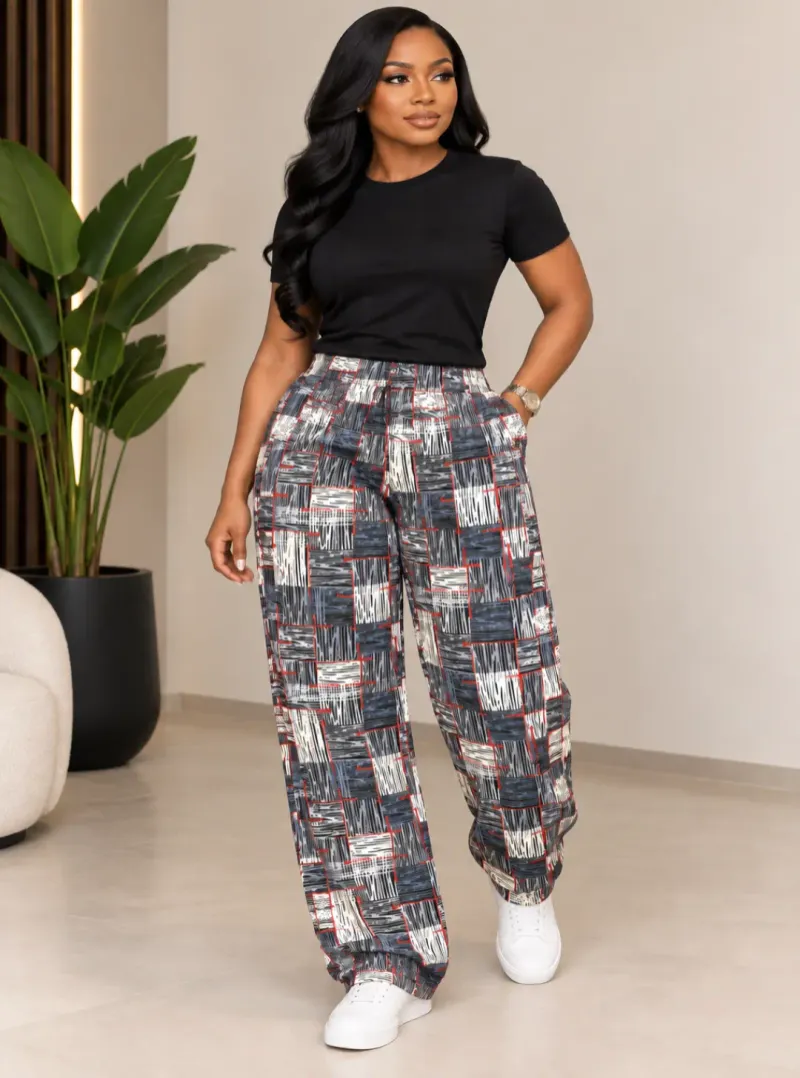 Jajex Abstract Grid Print Wide-Leg Trousers Black, Grey & Red