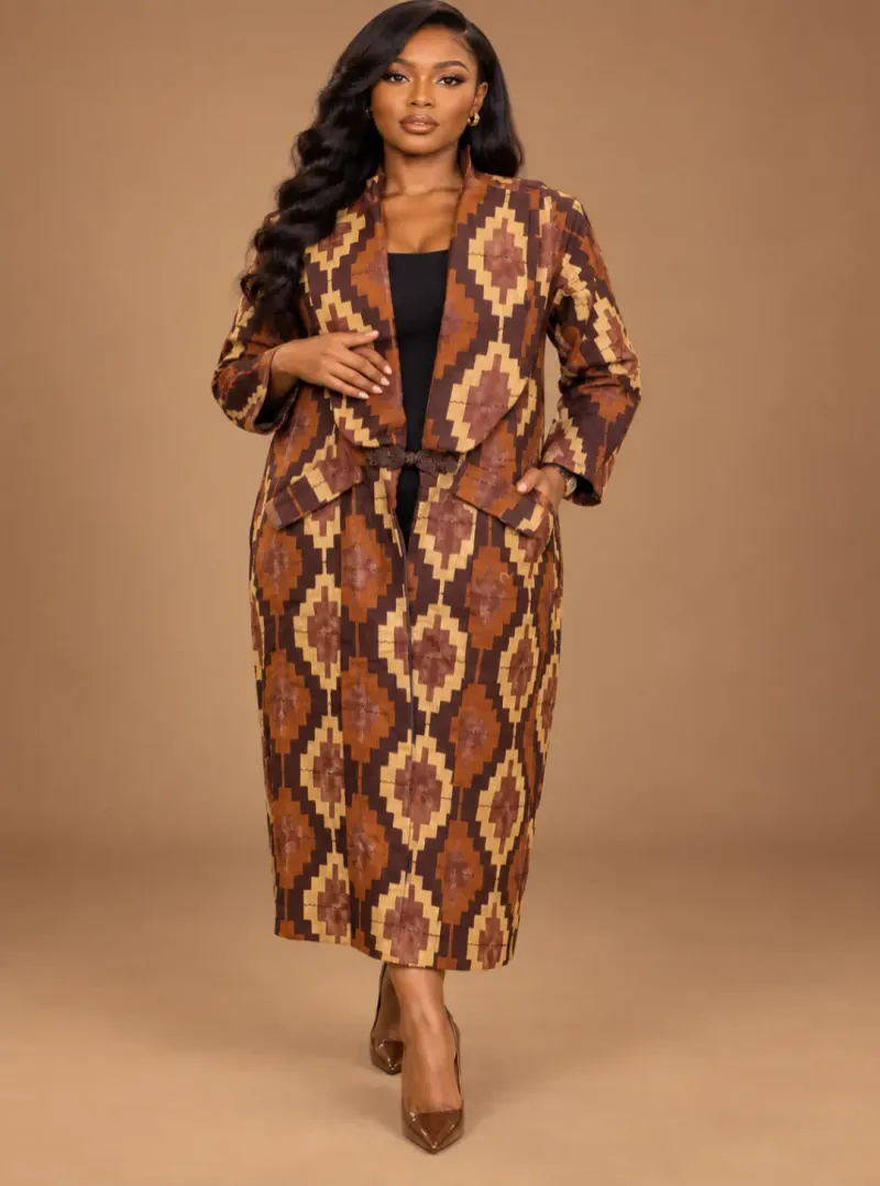 Jajex Heritage Geometric Print Belted Coat Dress