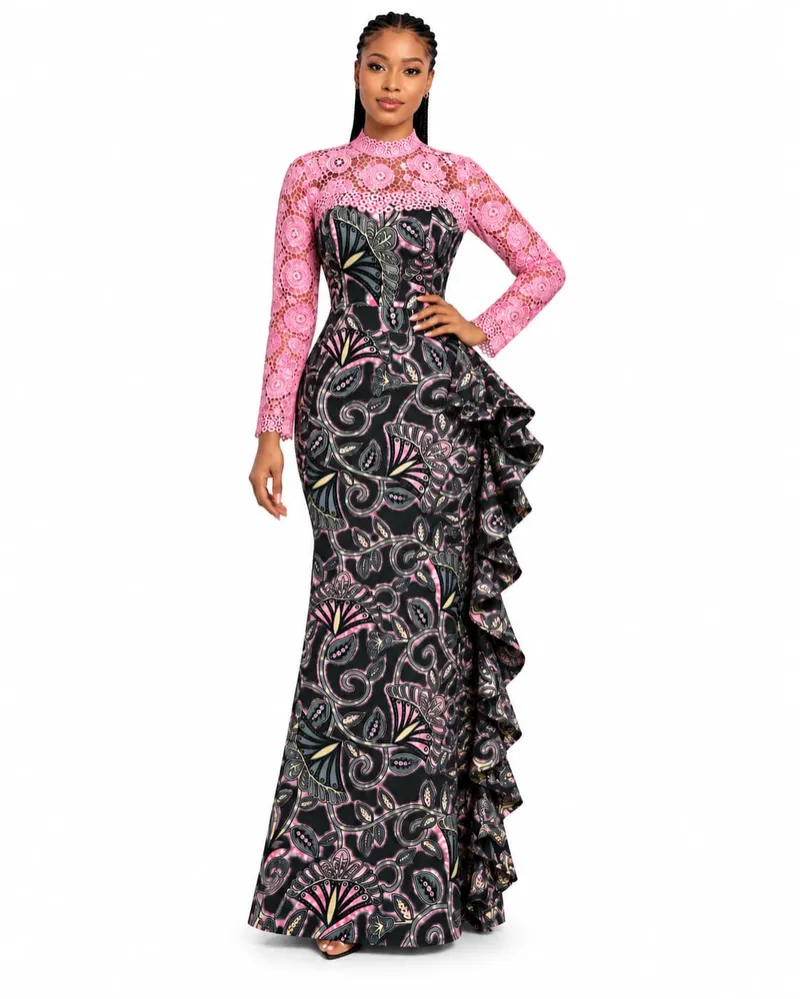 Arielle Lace & Ankara Ruffle Mermaid Dress