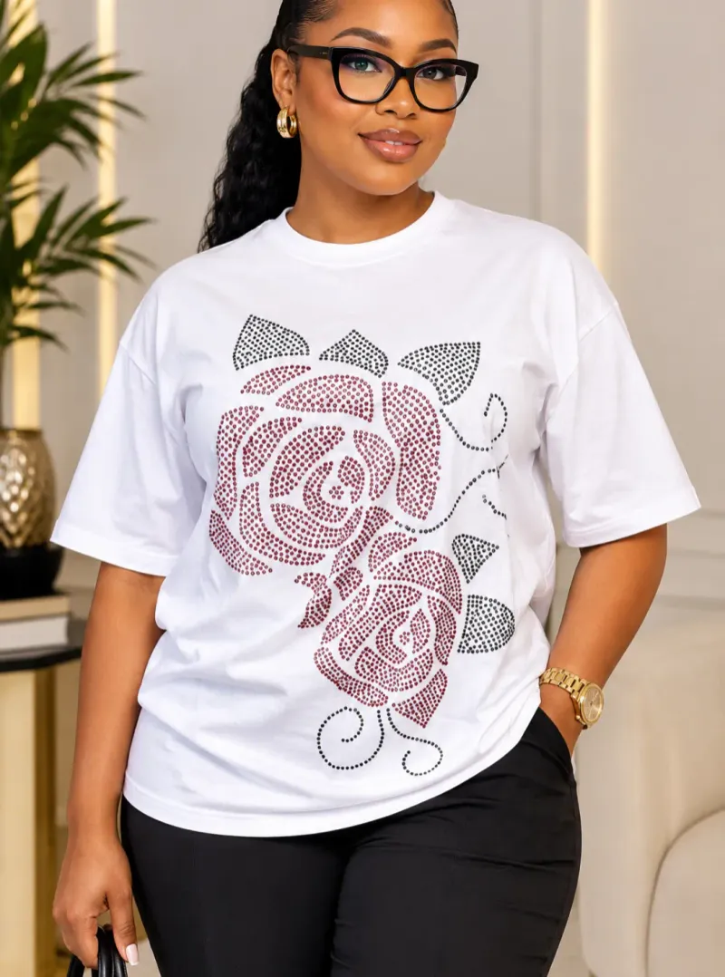 Jajex Rose Bloom Rhinestone Embellished White T-Shirt