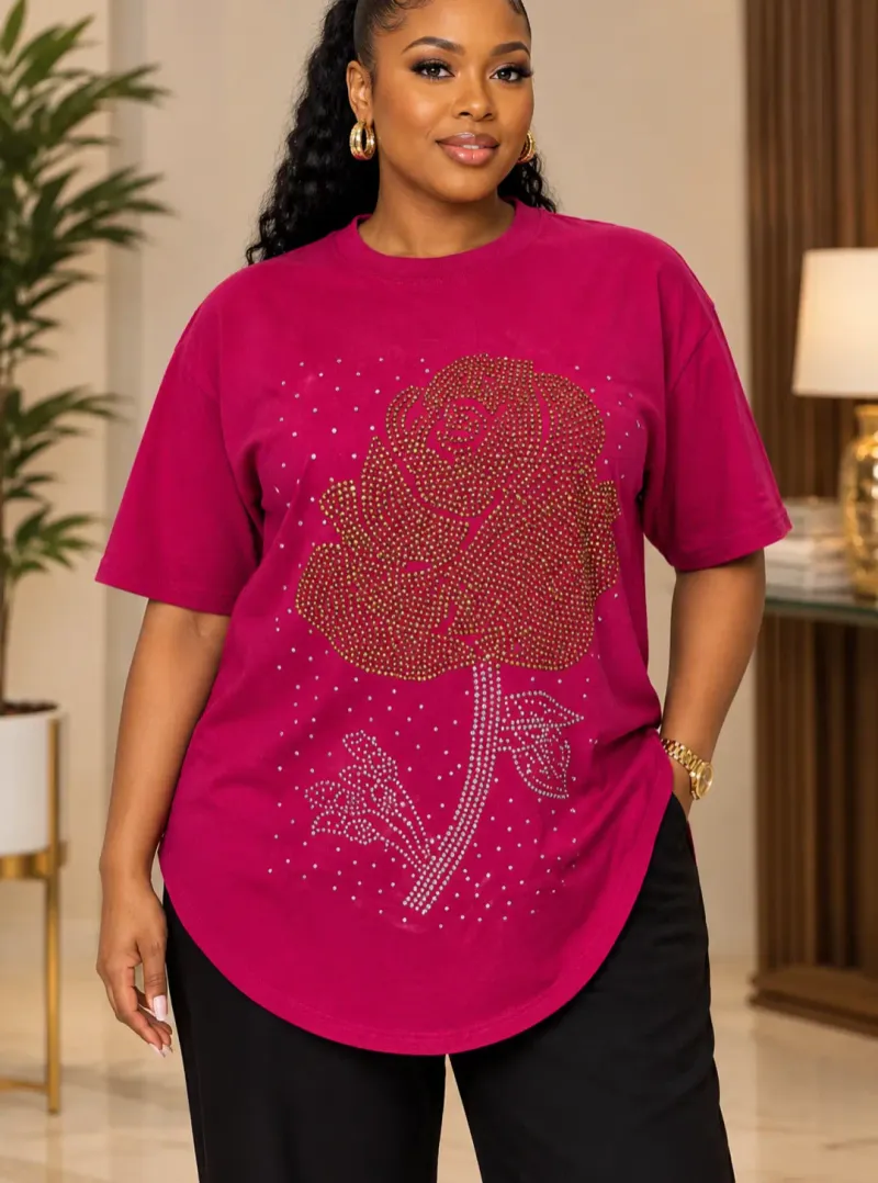 Jajex Bloom Luxe Rhinestone Floral T-Shirt. Large