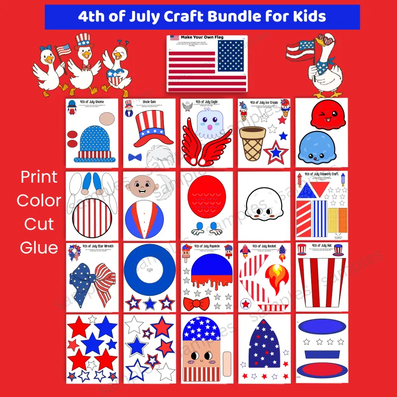 4th of July Craft Bundle for Kids | Patriotic Cut and Paste Activities | Independence Day Printable | Preschool Summer Crafts