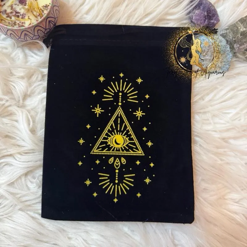Tarot Velvet Pouch with Golden Triangle Design and Star Accents for Astrology Enthusiasts
