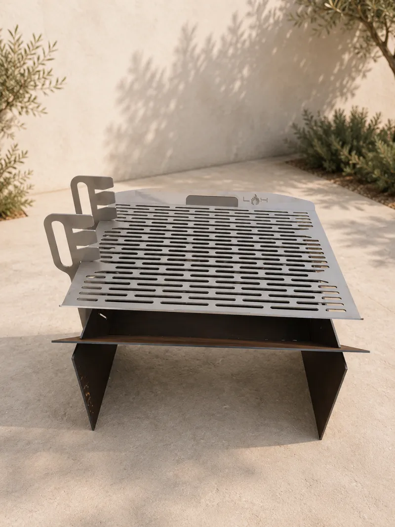 Outdoor Fireplace with Adjustable Grill – Stainless + Corten Steel