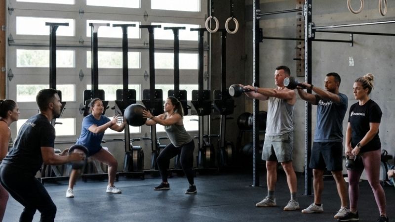 A coached BTB class working through kettlebell and medicine ball intervals