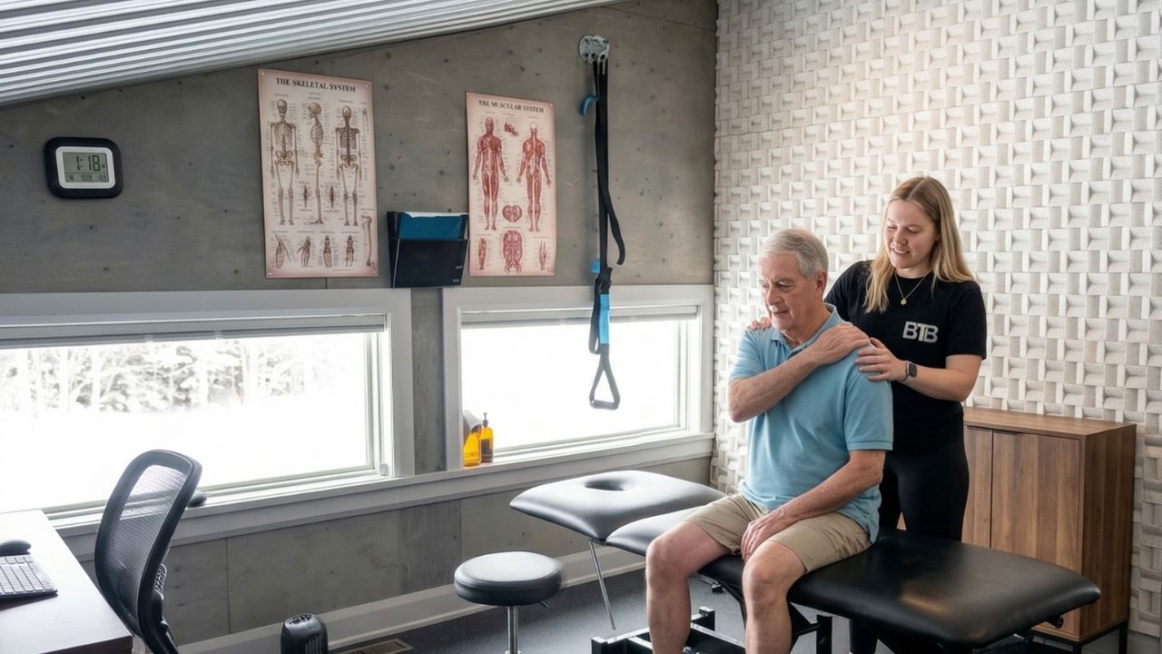 A BTB physiotherapist assesses a member's shoulder in the treatment room