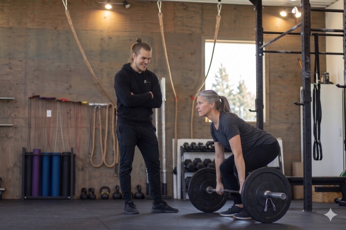 A BTB coach watches a member set up for a deadlift