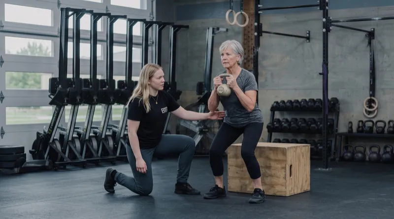 A coach guiding a woman through a kettlebell box squat