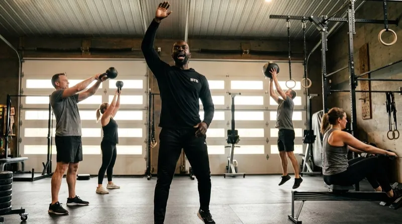 Coach Myles leading an Engine class through kettlebell swings, wall balls and rowing