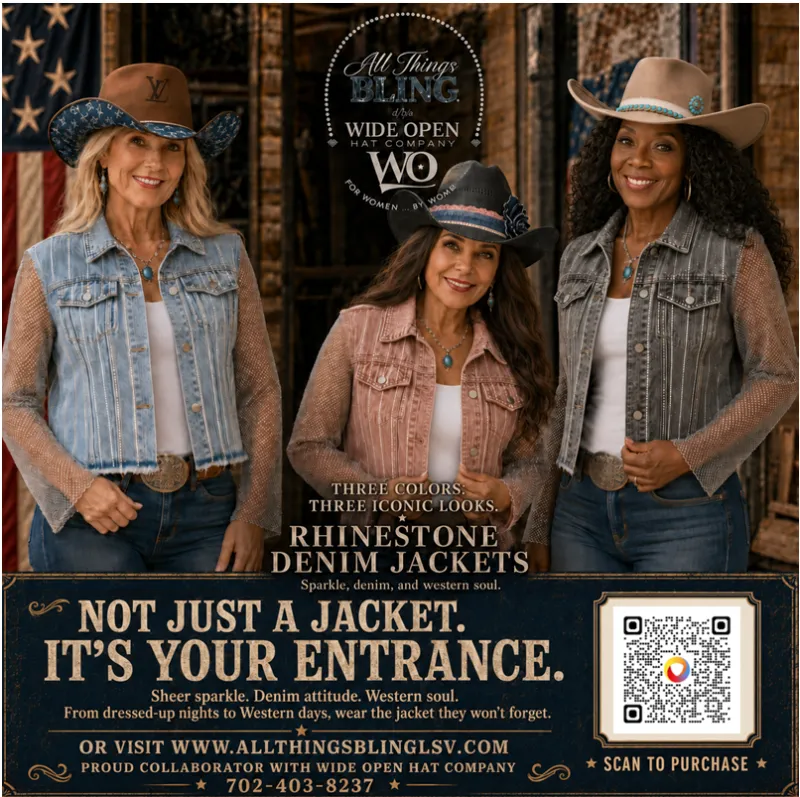 Denim Rhinestone Jacket with Sheer Sleeves
