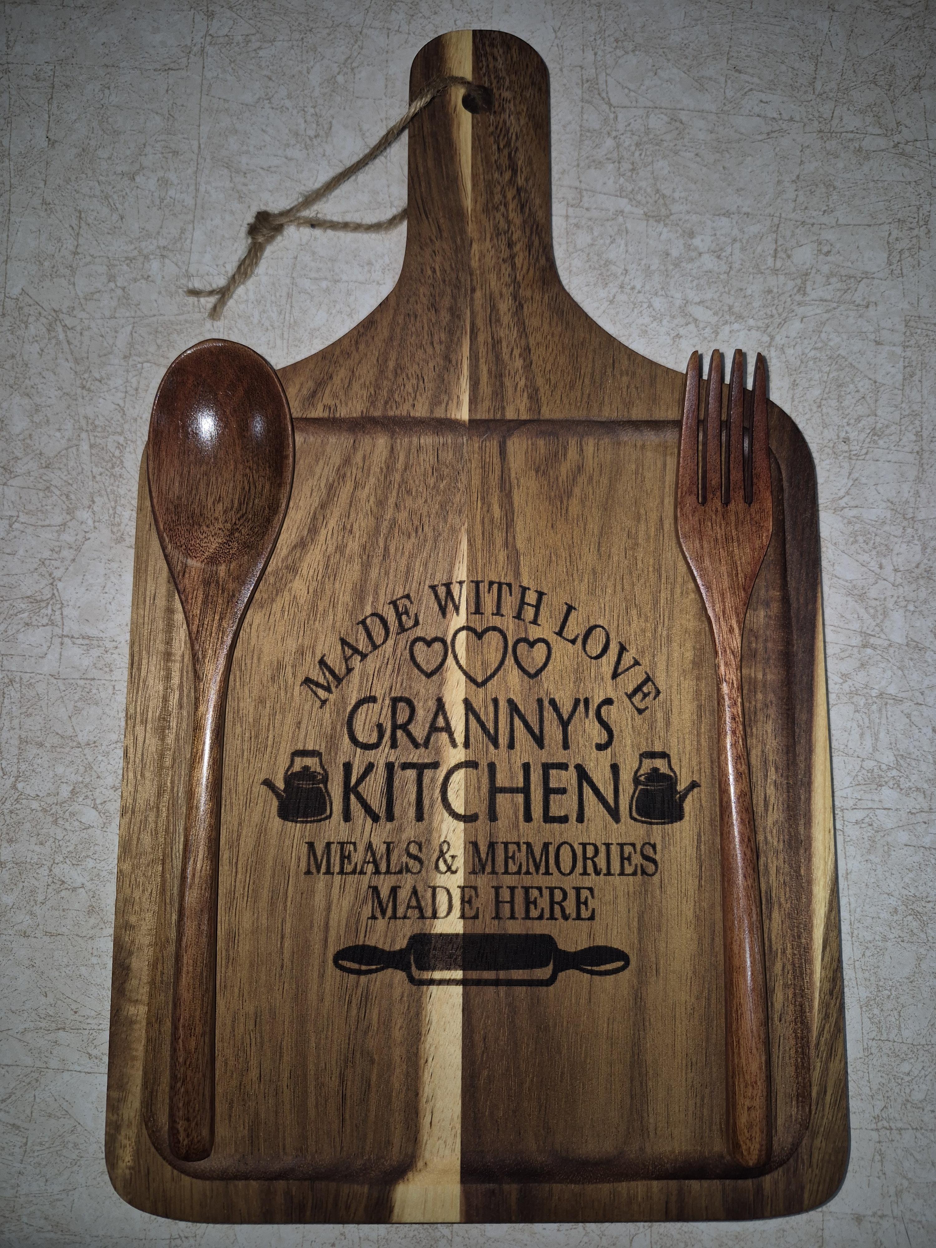 Acacia Wood Cutting Board w/ Spoon & Fork