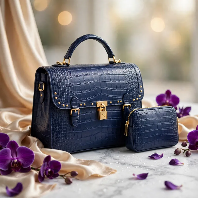 A&D Midnight Royale Croc Satchel Set — Navy Blue (2-Piece)