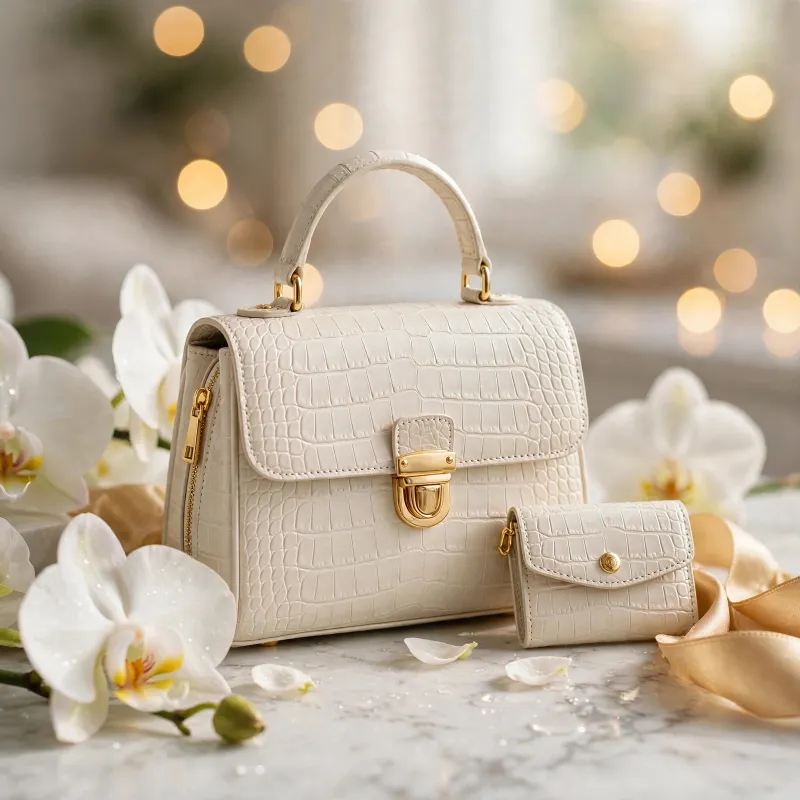 A&D  Ivory Icon Croc-Embossed Satchel Set — White (2-Piece)