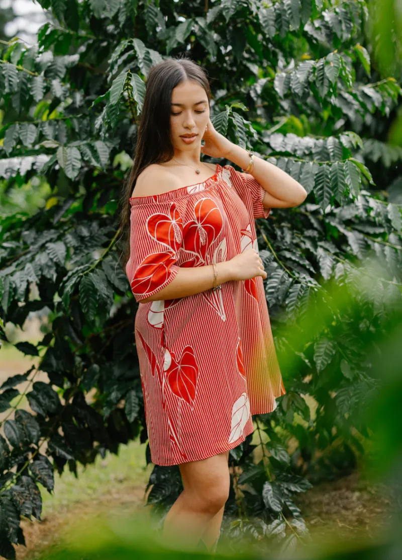 Lei Dress Anthurium Red Pinstripe