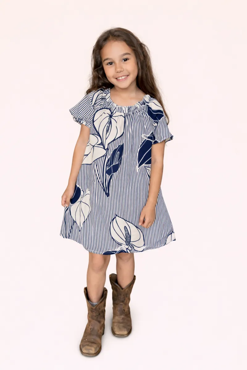 Keiki Lei Dress Anthurium Blue Pinstripe