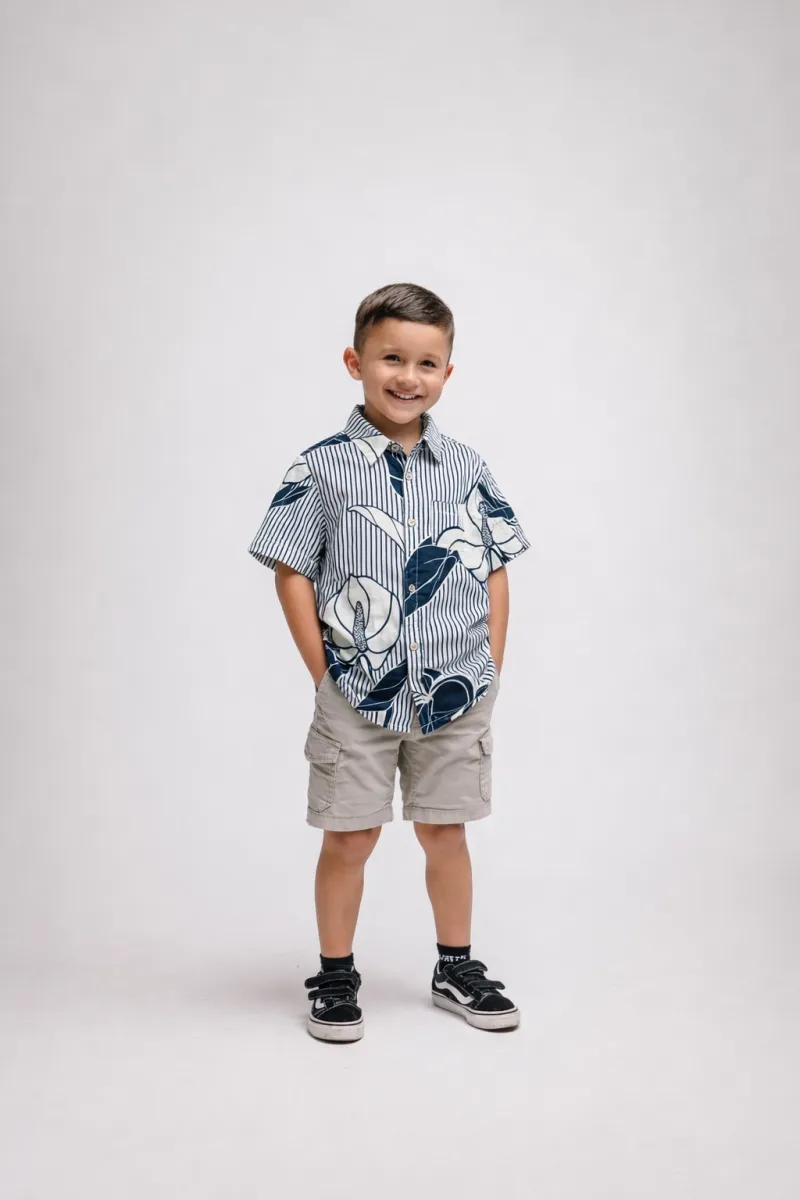 Keiki Aloha Shirt Anthurium Blue Pinstripe