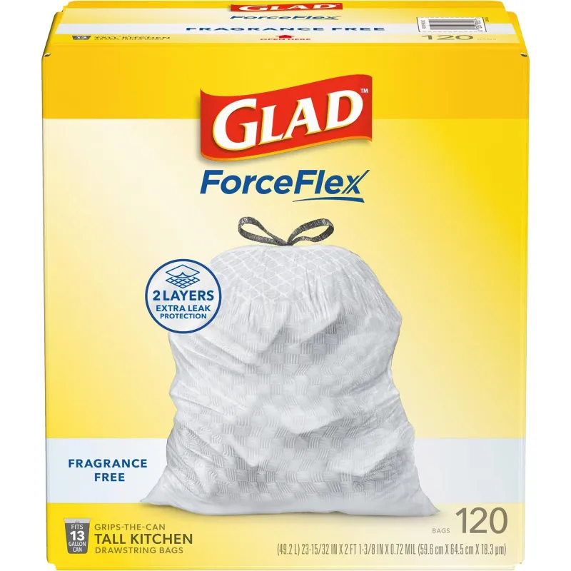 Glad ForceFlex Tall 13 Gallon Drawstring Kitchen Trash Bag, White, 120 Total Bags  