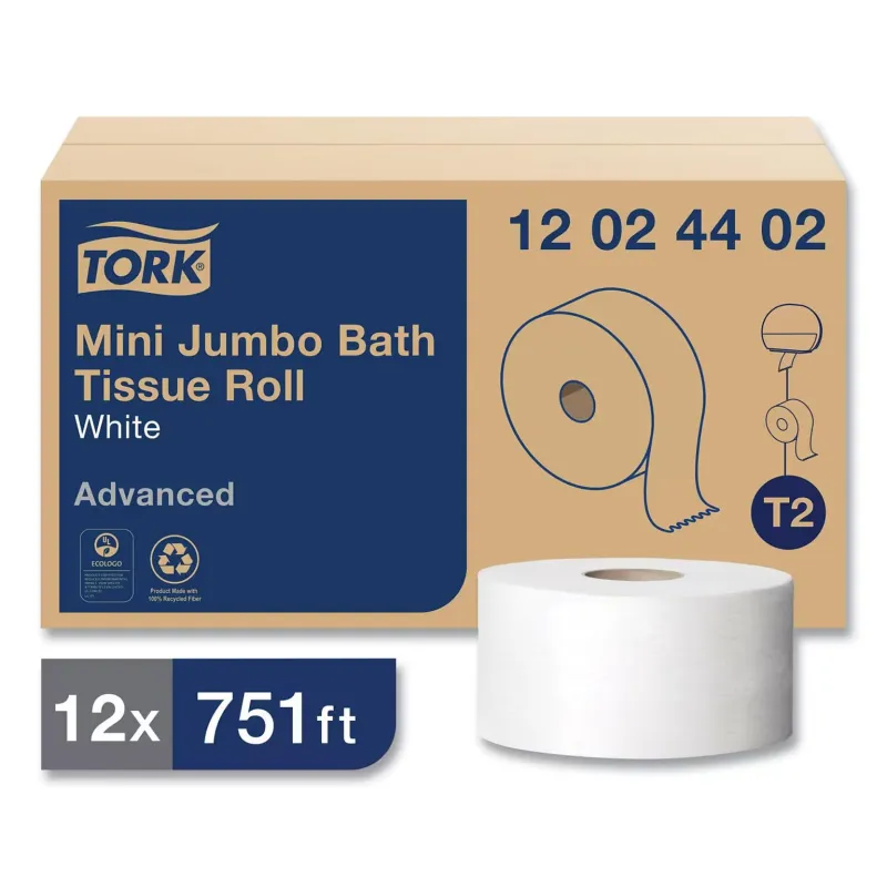 Tork Advanced Mini Jumbo Roll Bath Tissue, Septic Safe, 2-Ply, White, 3.48" x 751 ft, 12 Rolls/Carton 