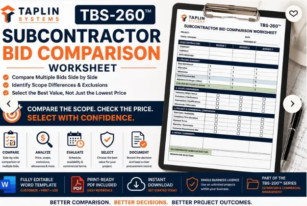 Subcontractor Bid Comparison Worksheet | Construction Bid Comparison Template | Contractor Estimating Form