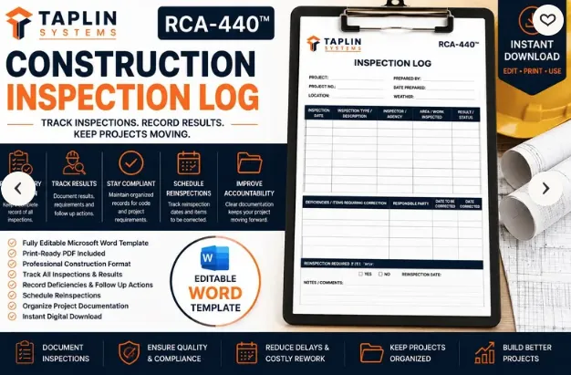 Construction Inspection Log | Editable Contractor Inspection Tracker | 