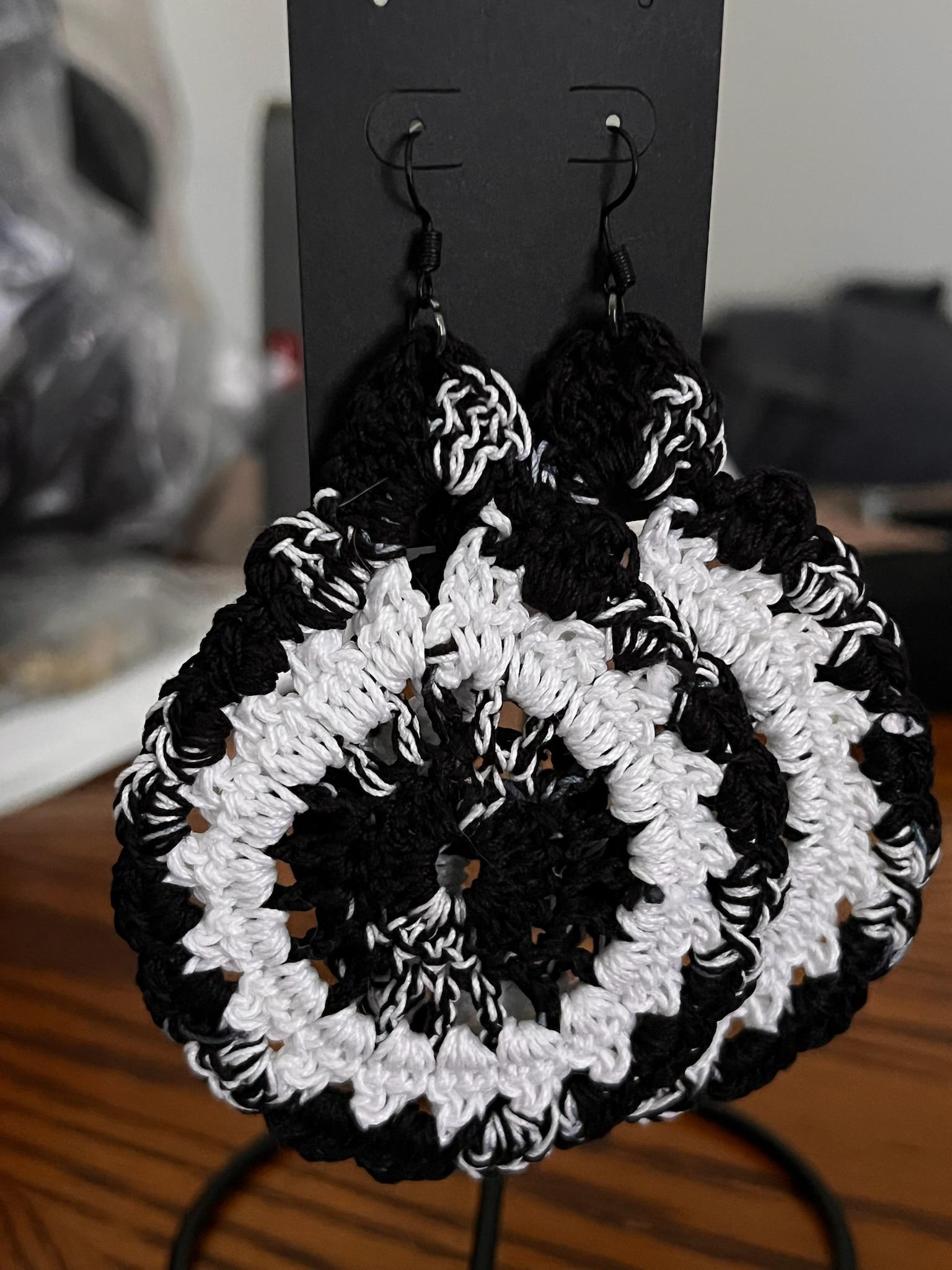 Large Teardrop Crochet Earring Black & White