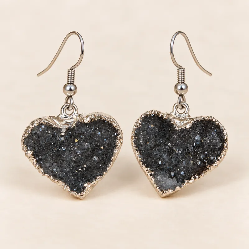 Black Amethyst Heart Druzy Dangle Earrings – Silver Finish