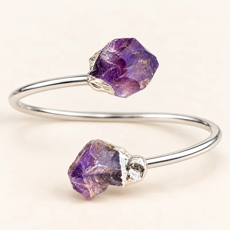 Duality Amethyst Adjustable Cuff Bracelet – Silver Finish