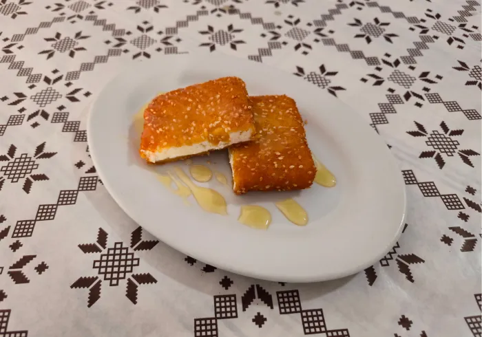 Feta saganaki glazed with honey