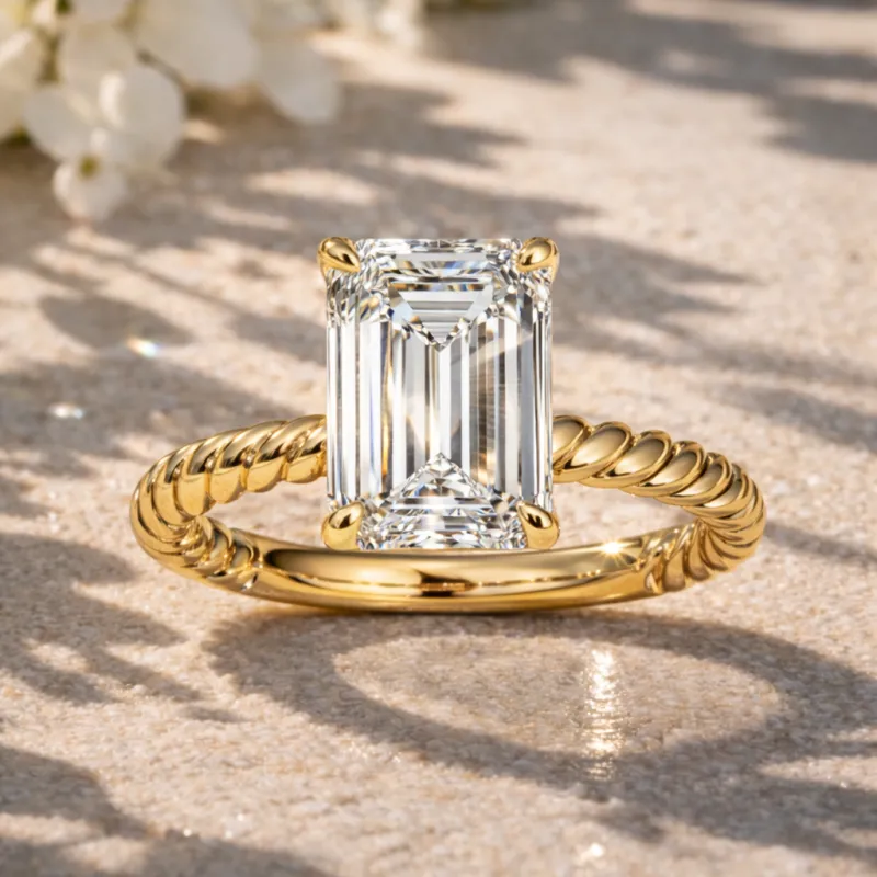 Emerald Diamond Solitaire Engagement Ring (Yellow Gold)